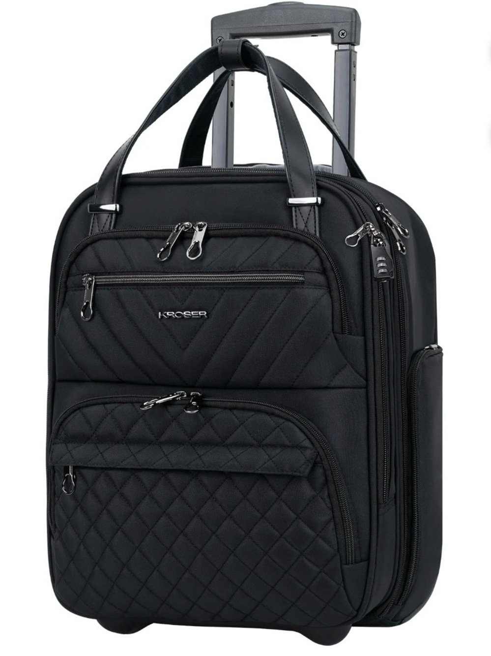 KROSER Black Quilted Rolling Briefcase with Multi-Compartment Organization